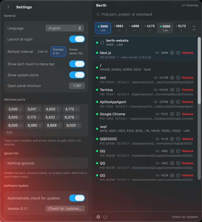 Berth app panel in dark mode showing watched ports, project processes, and settings