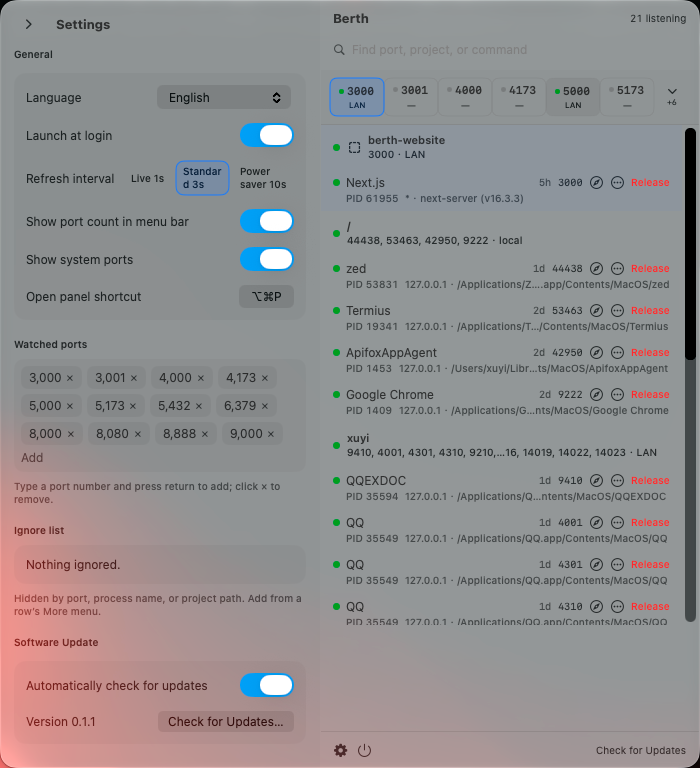 Berth app panel in light mode showing watched ports, project processes, and settings